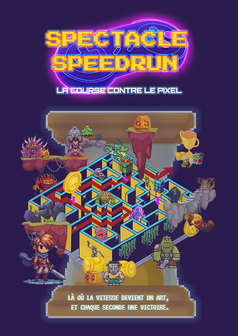 Affiche du spectacle speedrun RetroQuest – démonstrations et épreuves chronométrées