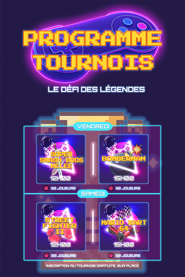 Affiche du tournoi RetroQuest – 4 jeux : Smash Melee, Bomberman, Street Fighter 2, Mario Kart 64 – 32 joueurs – inscription gratuite